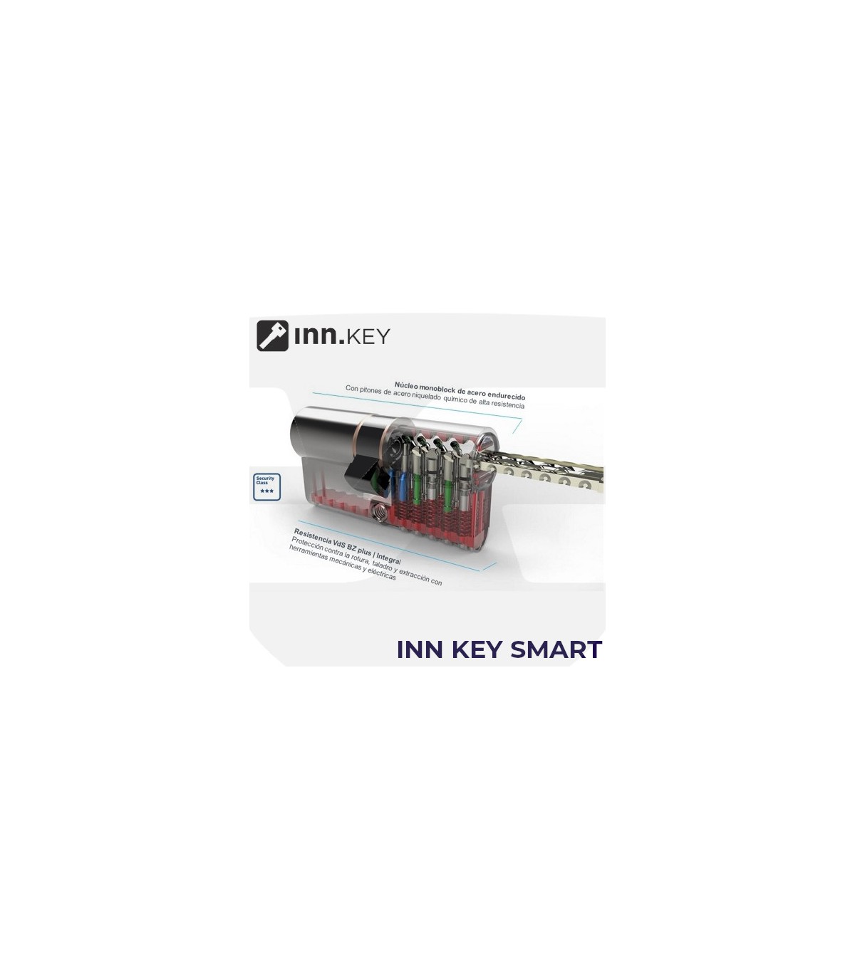 Cilindro INN Key Smart Vds Bz+ Duplo, Sistema Key Control - Ferresegur Color CROMO 1.CILINDRO NIQUELADO mm. 30+30 LEVA LARGA Sin doble