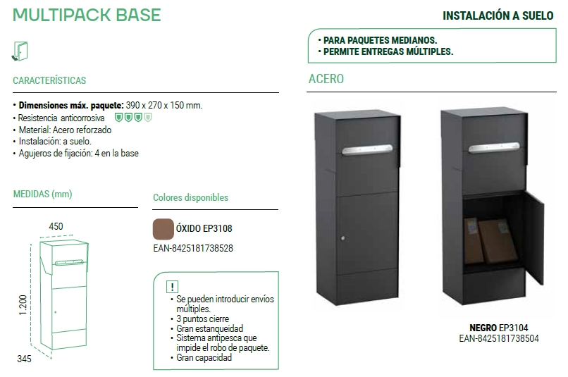 ARREGUI Multipack Base EP3104 buzón individual de acero para paquetería  grande, buzón para paquetes, negro