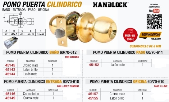 HANDLOCK cerradura de POMO CILINDRICO