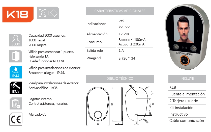 Control de acceso de proximidad con reconocimiento facial K18, DORCAS