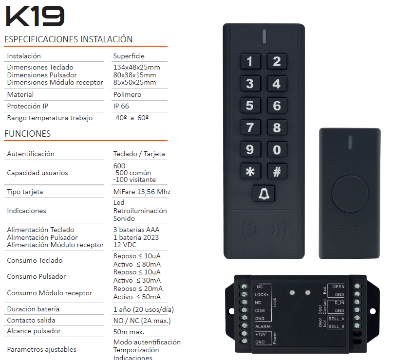Control de acceso de proximidad con teclado K19, DORCAS