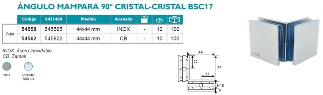 Ángulo Mampara 90º Cristal-Cristal BSC17