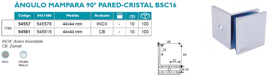 Ángulo Mampara 90º Pared-Cristal BSC16