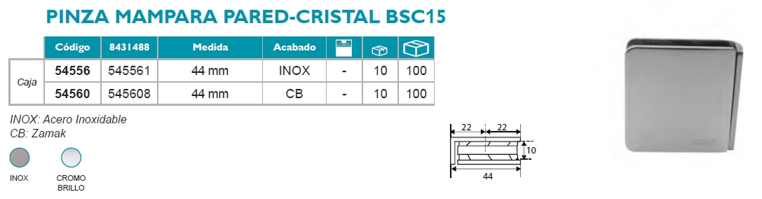Pinza Mampara Pared-Cristal BSC15