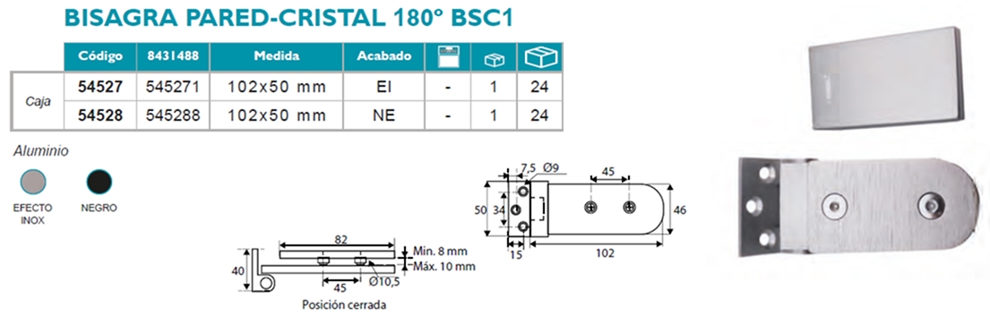 Bisagra Pared-Cristal 180º BSC1